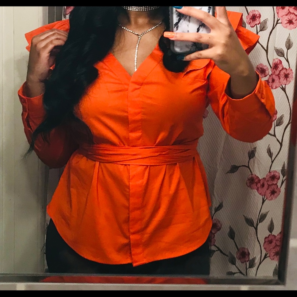 New York & company Orange tie-around blouse